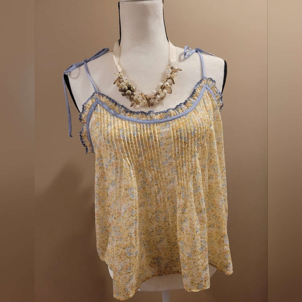 NWT American Eagle yellow blue pink floral baby doll top with ties Large